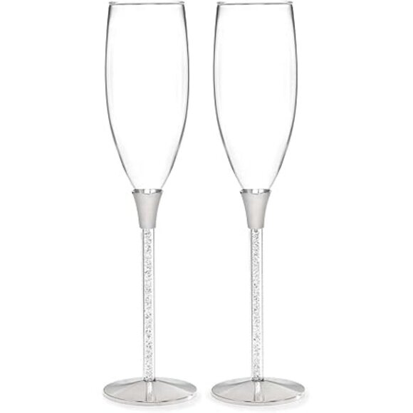 Champagne Toasting Flutes Wine Glass HBH Stemwear Glittering Beads - Set of 2 - Picture 2 of 14